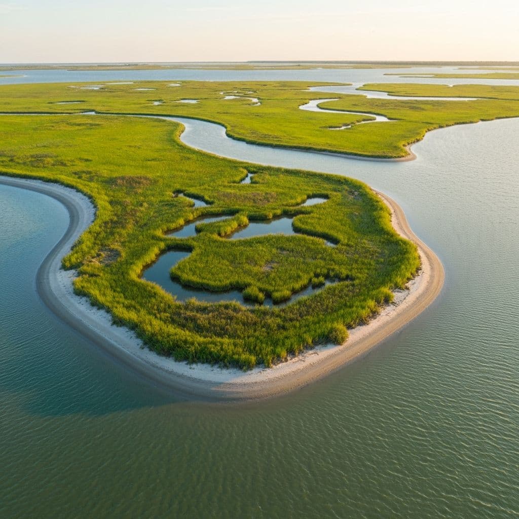 Aerial view of coastal wetlands being restored with recycled glass sand