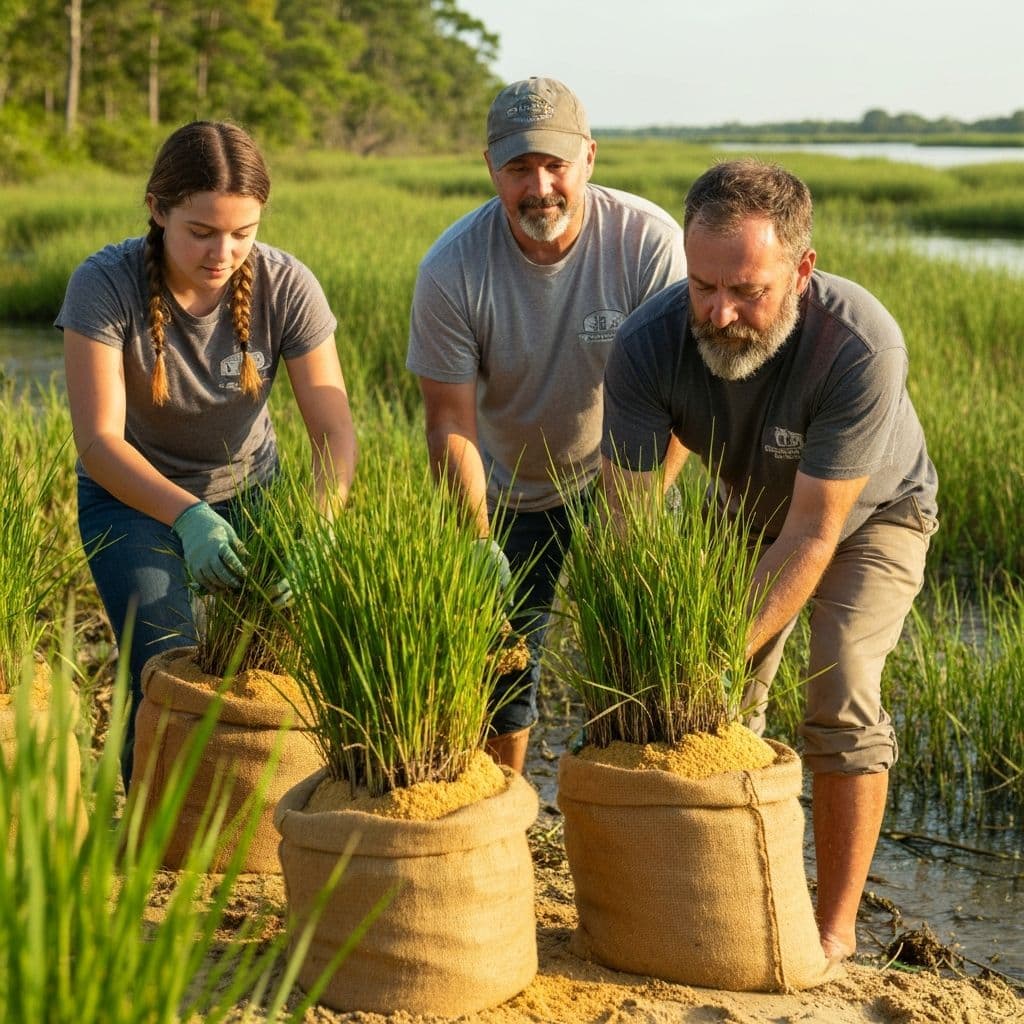 Coastal restoration volunteers planting marsh grasses